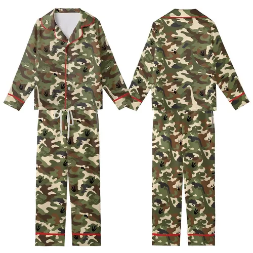 Vizsla Pet Owners: Woodland Dinosaur Camo Sleepwear Satin Pajamas Set