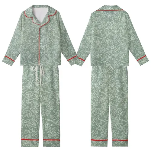 Bridesmaid Personalized Satin Pajama Set: Sage Green Rose & Leaf Pattern with 'Love' Script Kid Satin Pajamas Set
