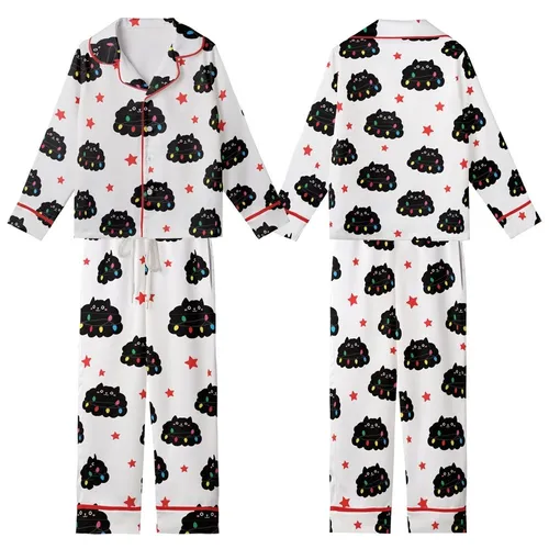 Family Long Sleeve Pajama Set: Whimsical Fluffy Black Cat Christmas Lights & Stars Pattern - Soft Polyester Spandex Sleepwear Kid Satin Pajamas Set