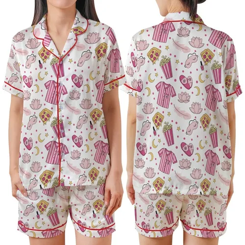 Teen Tween Pink Slumber Party Sleep Set: Playful Pizza, Pajama, Popcorn & Star Pattern Satin Short-Sleeve Pajamas Set