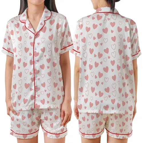 Women's White Crinkle Muslin Pajamas: Pink Heart Pattern - Organic Cotton 3-Piece Set Satin Short-Sleeve Pajamas Set
