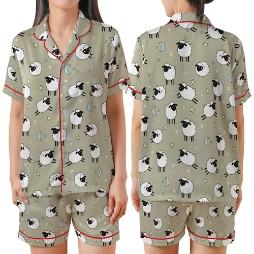 Farmer Girl's Sheep Pajama Set: Cute Cartoon Lambs & Stars Pattern - Soft Poly-Spandex Sleepwear Satin Short-Sleeve Pajamas Set