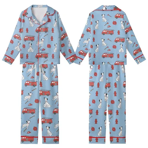 Family Christmas Pajamas: Whimsical Fire Truck Dalmatian Pattern Long Sleeve Matching Sleep Set Kid Satin Pajamas Set