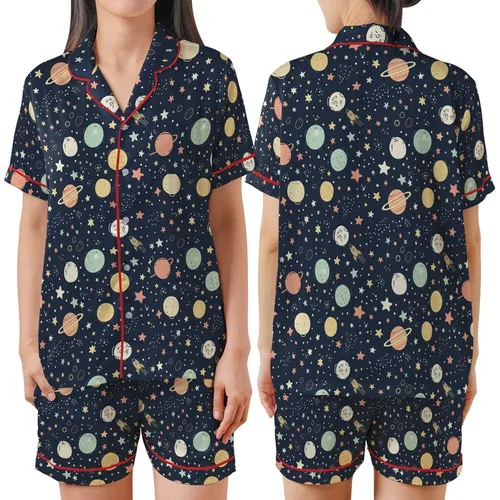 Youthful Spirits' Whimsical Cosmic Pattern with Muted Pastel Planets and Multi-Color Stars on Deep Slate Blue Satin Short-Sleeve Pajamas Set