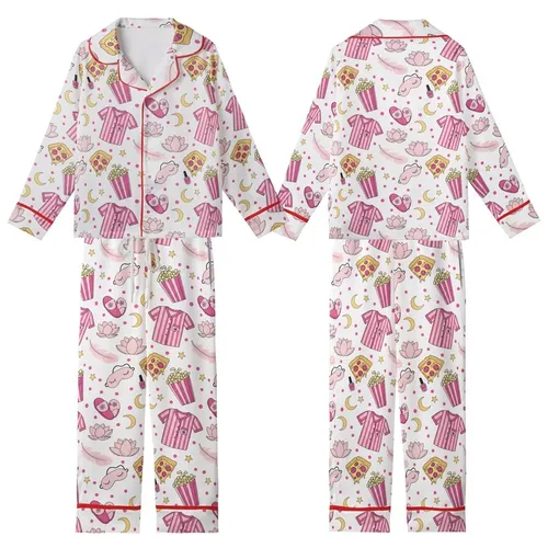 Teen Tween Pink Slumber Party Sleep Set: Playful Pizza, Pajama, Popcorn & Star Pattern Kid Satin Pajamas Set