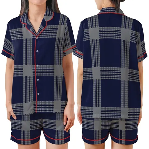 Women's Plus Size Tailored Organic Cotton Pajamas: Loose Navy Gray Gingham Plaid Satin Short-Sleeve Pajamas Set