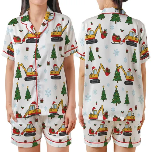 Cheerful Yellow Excavator: Santa Hat Digger Christmas Presents & Tree Seamless Pattern - Holiday Print Satin Short-Sleeve Pajamas Set