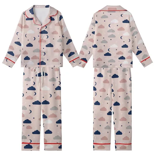 Gentle Aesthetic Lovers' Delicate Illustrative Pale Pink Muted Grey Navy Celestial Organic Pattern Kid Satin Pajamas Set
