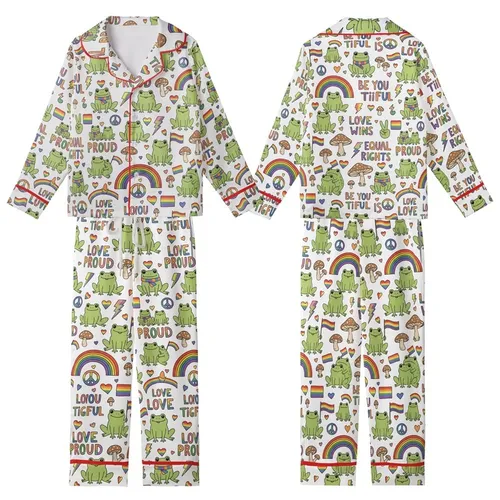 Uplifting Art Lovers' Whimsical Frogs & Rainbow Symbols Pattern, Affirmation Text in Vibrant Green, Full Spectrum Colors Kid Satin Pajamas Set