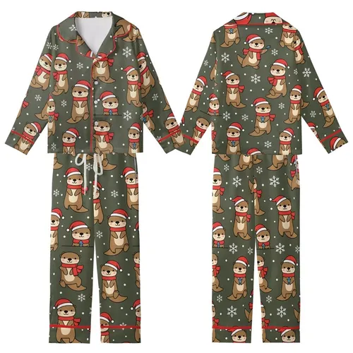 Festive Animal Lovers' Playful Brown Otters Red Santa Hats Scarves Dark Olive Green Snowflake Seamless Pattern Kid Satin Pajamas Set