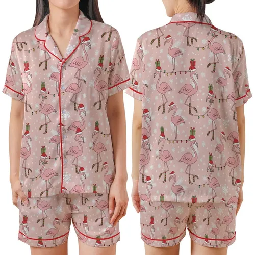 Women's Whimsical Pink Flamingo Christmas Sleep Set: Santa Hat & String Light Holiday Pattern Satin Short-Sleeve Pajamas Set