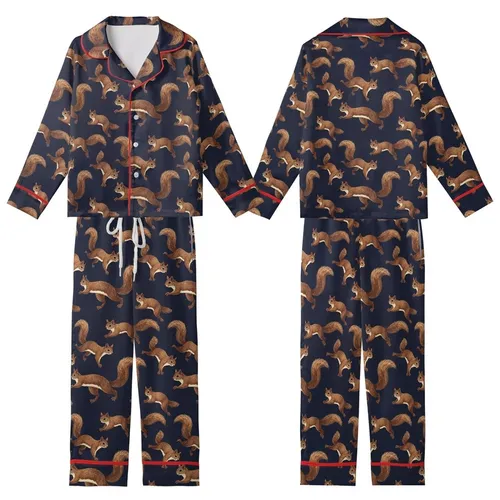 Nature Lovers' Realistic Warm Brown Squirrels Dark Navy Seamless Climbing Wildlife Pattern Kid Satin Pajamas Set