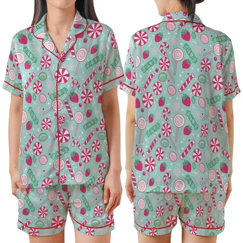 Aqua Candy Cane Swirl Lollipop Hard Ribbon Gumdrop Strawberry Snowflake Design Satin Short-Sleeve Pajamas Set