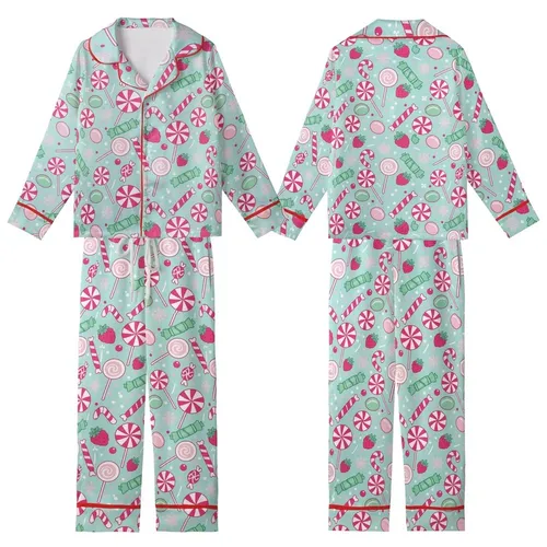 Family Matching Holiday: Whimsical Lollipop, Candy Cane & Snowflake Aqua Print Pajamas Kid Satin Pajamas Set