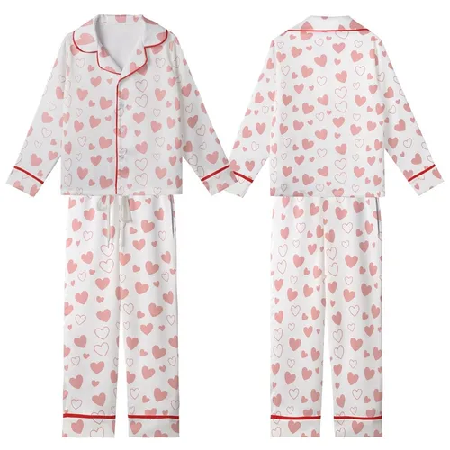 Women's White Crinkle Muslin Pajamas: Pink Heart Pattern - Organic Cotton 3-Piece Set Kid Satin Pajamas Set