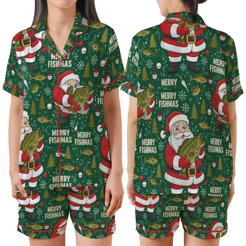 Fisherman Bass Angler Christmas Pajamas: Merry Fishmas Santa & Bass Pattern Sleepwear Satin Short-Sleeve Pajamas Set