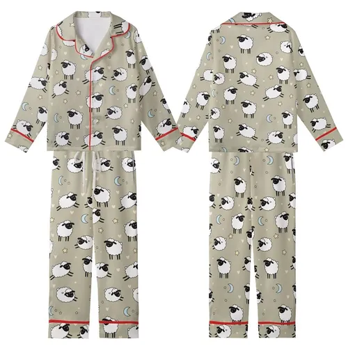Farmer Girl's Sheep Pajama Set: Cute Cartoon Lambs & Stars Pattern - Soft Poly-Spandex Sleepwear Kid Satin Pajamas Set