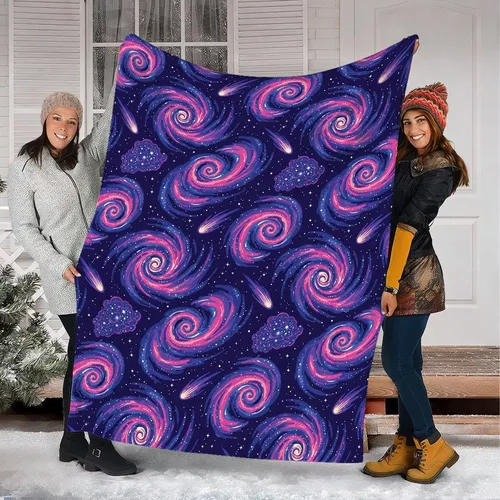 Cosmic Dreamers' Stylized Nebula Galaxy Pattern Deep Blue Purple Fuchsia Stars Fleece Blanket