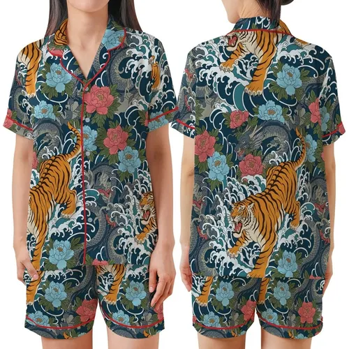 Tattoo Art Enthusiasts' Bold Irezumi Tiger & Dragon Art Peonies Satin Short-Sleeve Pajamas Set