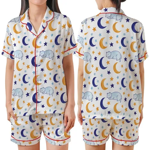 Dreamers' Seamless Whimsical Indigo Blue Moon Golden Star Sleeping Animals Pattern Satin Short-Sleeve Pajamas Set