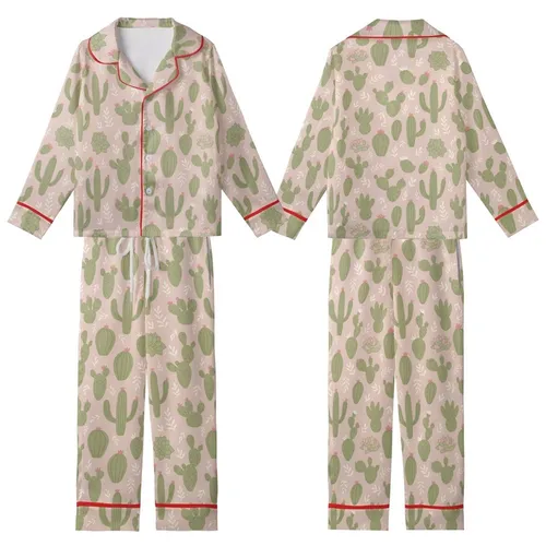 Women's Whimsical Sage Cactus Blossom Pattern Blush Pink Sleep Set Kid Satin Pajamas Set