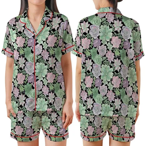 Succulent Lover's Pajamas: Muted Mint, Teal & Blush Botanical Watercolor Sleep Set Satin Short-Sleeve Pajamas Set