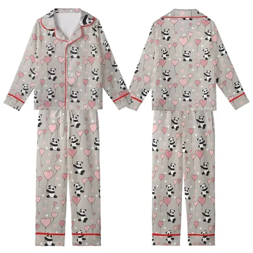 Panda Lover's Sleep Set: Playful Cartoon Pandas, Blush Pink Hearts, Cozy Loungewear Kid Satin Pajamas Set