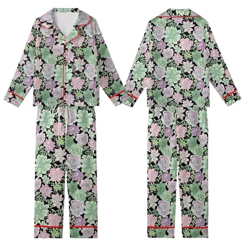 Succulent Lover's Pajamas: Muted Mint, Teal & Blush Botanical Watercolor Sleep Set Kid Satin Pajamas Set