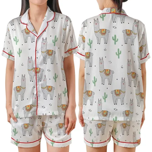 Llama Lover Pajamas: Whimsical Light Grey Llama & Pastel Cactus Pattern Satin Short-Sleeve Pajamas Set