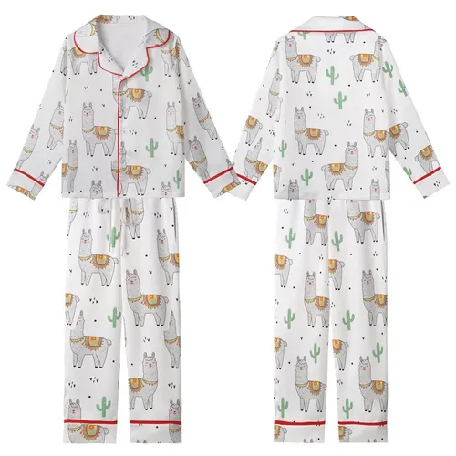 Llama Lover Pajamas: Whimsical Light Grey Llama & Pastel Cactus Pattern Kid Satin Pajamas Set