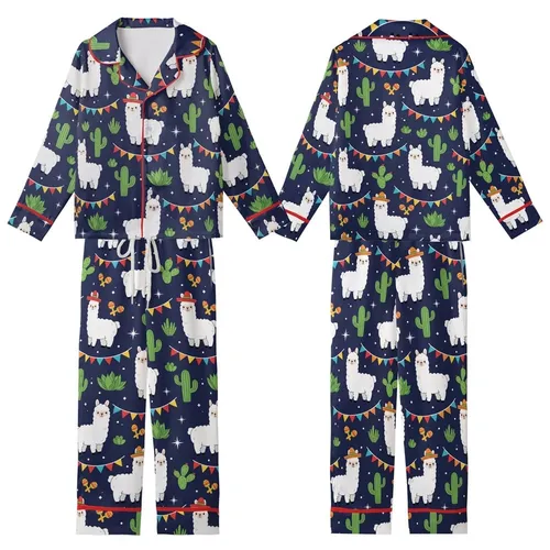 Llama Lovers' Whimsical White Llama Sombrero Cactus Bunting Navy Blue Desert Art Kid Satin Pajamas Set