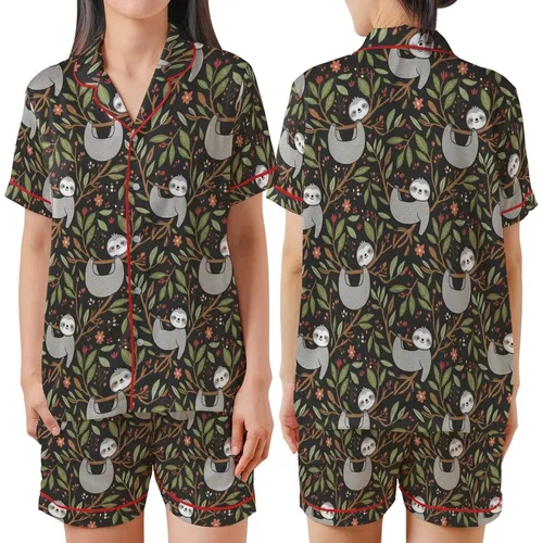 Sloth Lover Pajamas: Whimsical Forest Sloths & Foliage Pattern -  Sleep Set Satin Short-Sleeve Pajamas Set