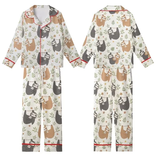 Sloth Lover's Cute Cartoon Sloths & Jungle Leaves Canvas Footwear Kid Satin Pajamas Set