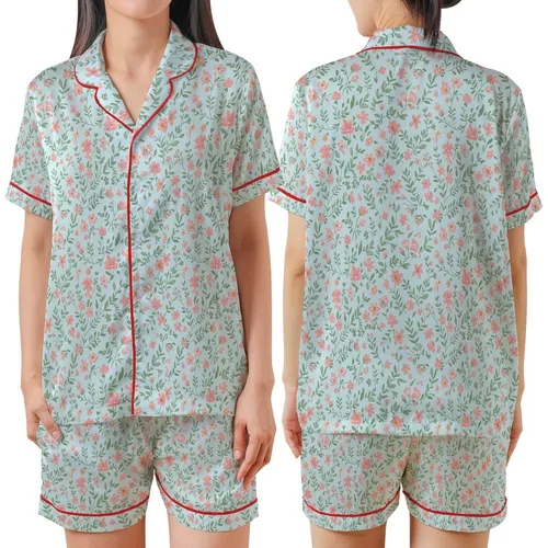 Women's Elegant Floral Pajama Set: Sky Blue Ditsy Wildflower, Open Front Ruffle Top & Pants Satin Short-Sleeve Pajamas Set