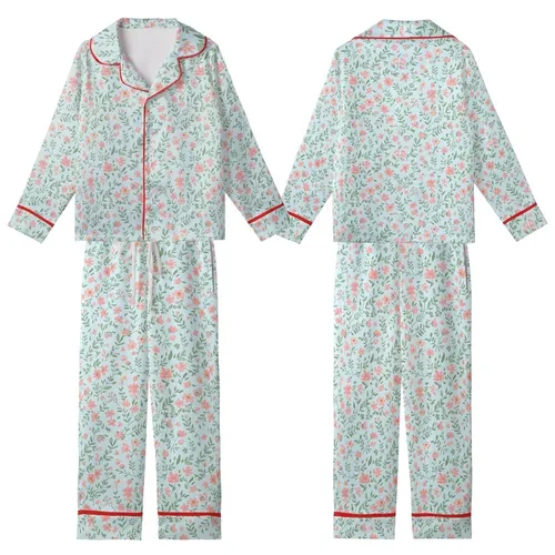 Women's Elegant Floral Pajama Set: Sky Blue Ditsy Wildflower, Open Front Ruffle Top & Pants Kid Satin Pajamas Set