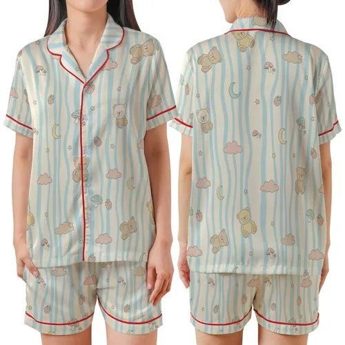 Women's Cute Bear Cloud Two-Piece Loungewear: Cream Blue Wavy Long Sleeve V-Neck Set Satin Short-Sleeve Pajamas Set