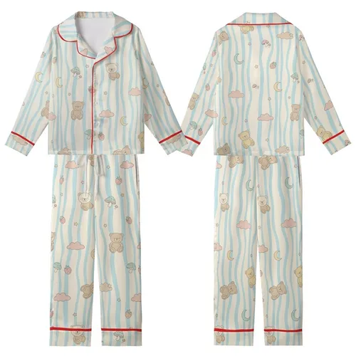 Women's Cute Bear Cloud Two-Piece Loungewear: Cream Blue Wavy Long Sleeve V-Neck Set Kid Satin Pajamas Set