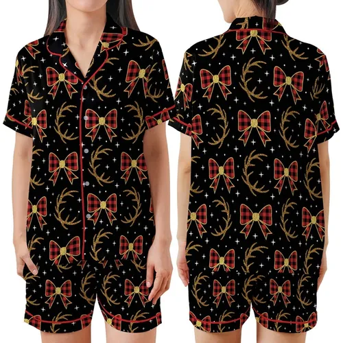 Women's Festive Buffalo Plaid Bow, Glitter Reindeer Antlers & Stars Sleep Set Satin Short-Sleeve Pajamas Set
