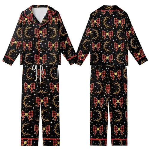 Women's Festive Buffalo Plaid Bow, Glitter Reindeer Antlers & Stars Sleep Set Kid Satin Pajamas Set