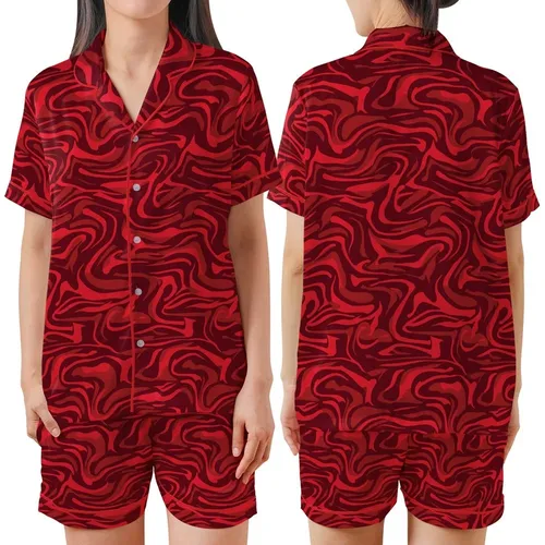 Women's All-Season Ruby Red Abstract Silk Pattern Polyester V-Neck Shorts Pajama Set Satin Short-Sleeve Pajamas Set