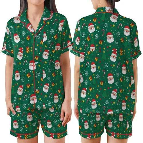 Women's Emerald Green Whimsical Santa & Candy Cane V-Neck Button Sleep Set Satin Short-Sleeve Pajamas Set