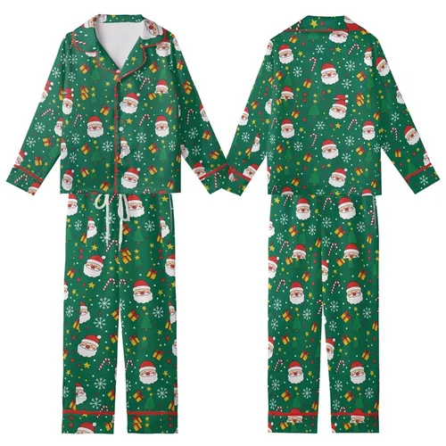 Women's Emerald Green Whimsical Santa & Candy Cane V-Neck Button Sleep Set Kid Satin Pajamas Set