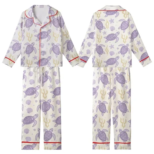 Women's Whimsical Lilac Sea Turtle & Seashell Print Cami with Ruffled Hem - Polyester Blend Sleep Set Kid Satin Pajamas Set