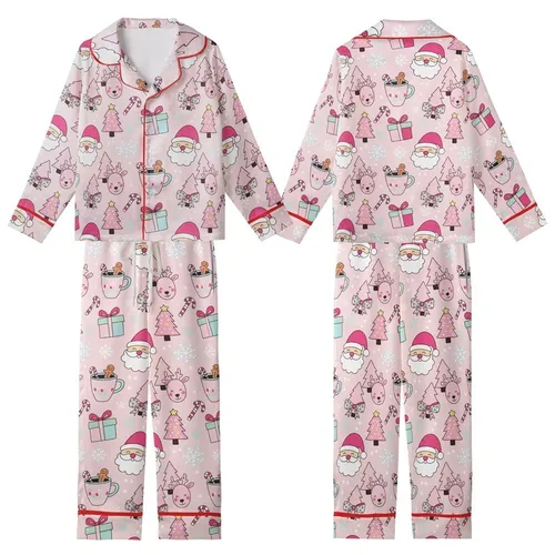 Women's Pastel Pink Whimsical Santa Reindeer Holiday Long Sleeve 2pc Pajama Set Kid Satin Pajamas Set