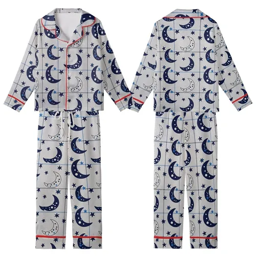 Gray Moon & Stars Pajama Sleep Set: Stylized Navy Crescent & Subtle Geometric Plaid Design Kid Satin Pajamas Set