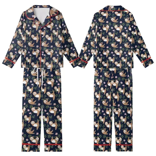 Sloth Lover's Adorable Flat Sloth & Tropical Foliage Navy Low Top Canvas Shoes Kid Satin Pajamas Set