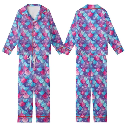 Mermaid Lover's Vibrant Watercolor Scale Pajama Set - Magenta Violet Cyan Ocean Design Kid Satin Pajamas Set