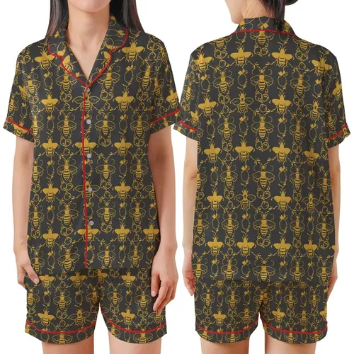 Women's Golden Honey Bee Honeycomb Pattern Charcoal Sleepwear Set Kid Satin Pajamas Set