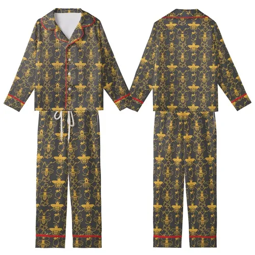 Women's Golden Honey Bee Honeycomb Pattern Charcoal Sleepwear Set Kid Satin Pajamas Set