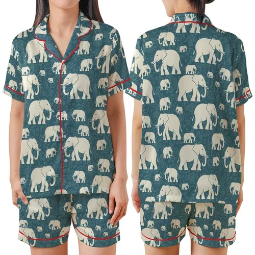 Women's Stylized Cream Elephant Pajamas: Desaturated Teal Paisley Sleep Set Satin Short-Sleeve Pajamas Set